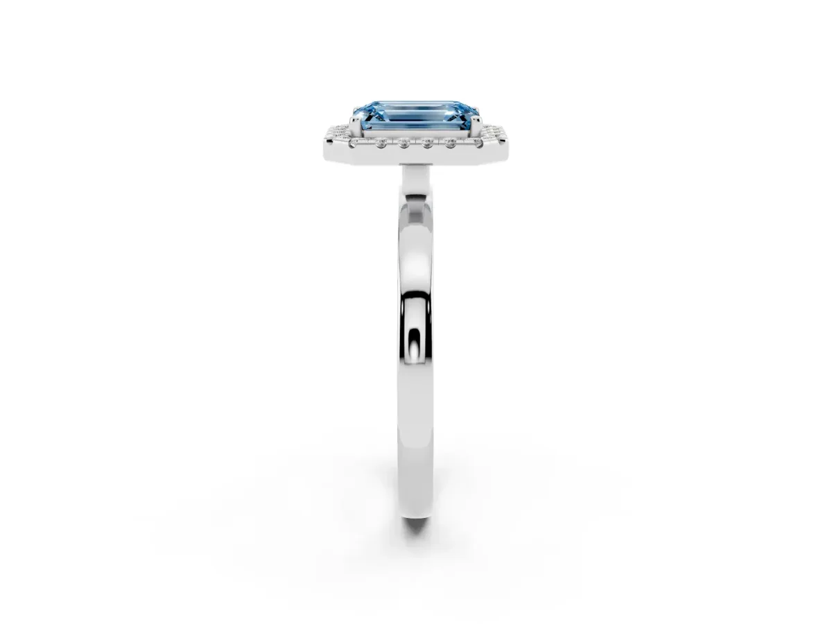 Fancy Blue Emerald Cut Halo Diamond Solitaire with Pavé Band and Four-Prong Setting White gold