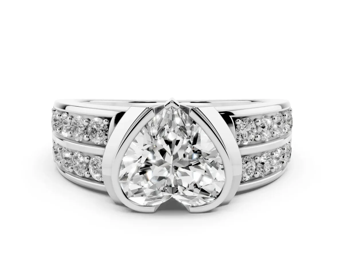 Heart Cut Brilliant Diamond Channel Set Wide Band Ring with Bezel Setting White gold
