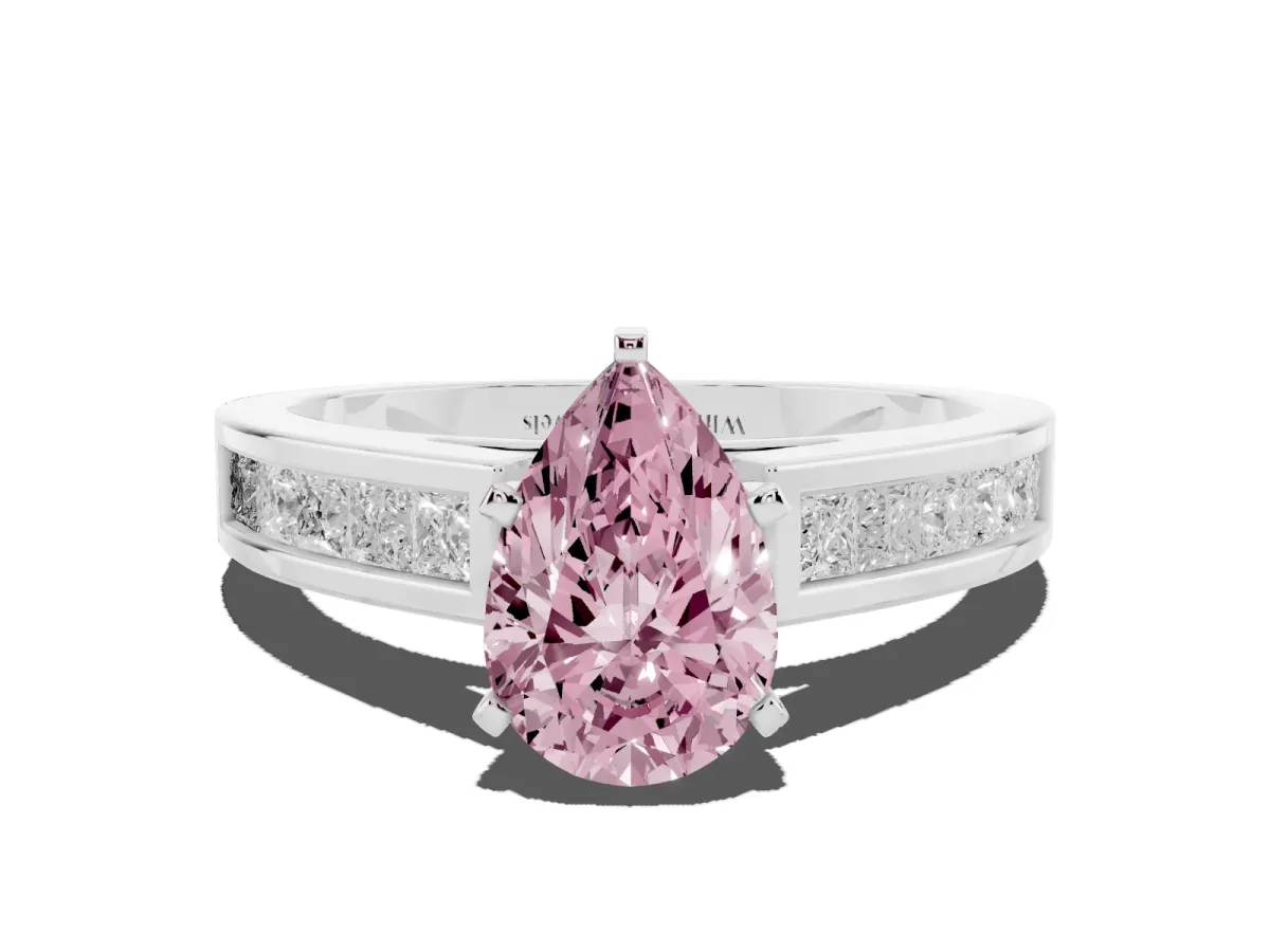 Fancy Pink Pear Cut Solitaire Diamond Ring with Channel-Set Band and Four-Prong Setting Silver