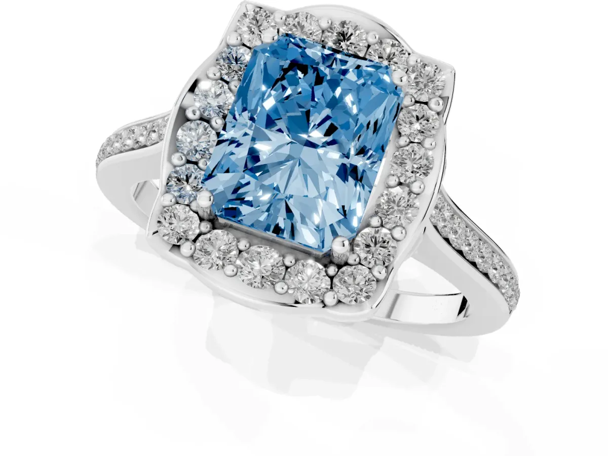Fancy Blue Radiant Cut Halo Round Diamond Pave Band with Four-Prong Setting White gold