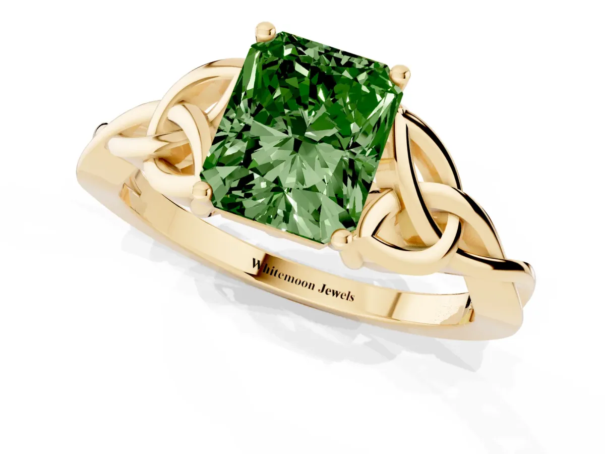 Fancy Green Radiant Cut Diamond Solitaire Engagement Ring with Celtic Knot Band and Four-Prong Setting Yellow gold