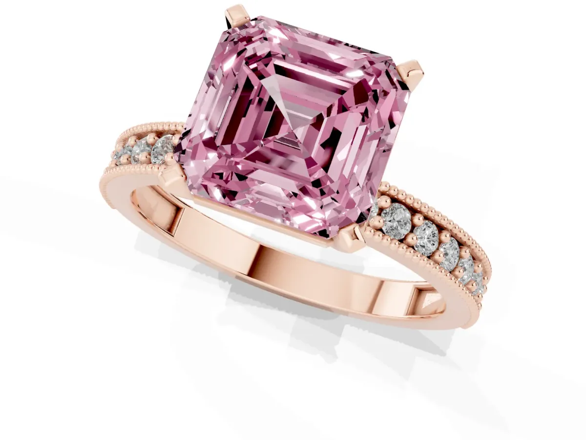 Fancy Pink Asscher Cut Diamond Milgrain Pavé Engagement Ring with Four-Prong Setting Rose gold