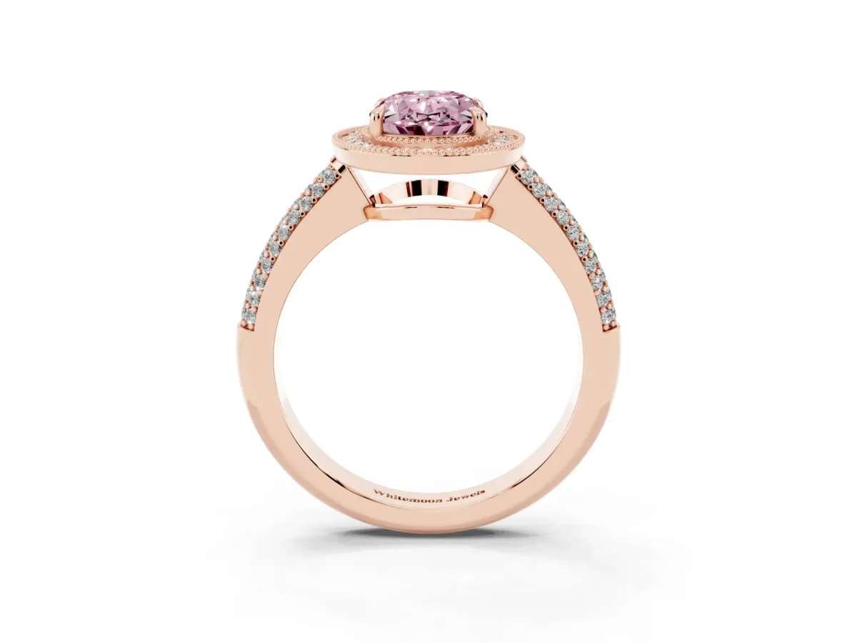 Fancy Pink Oval Cut Cut Halo Diamond Pave Band with Four-Prong Setting Rose gold
