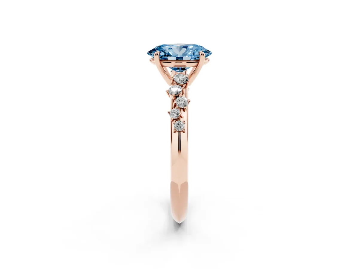 Fancy Blue Oval Cut Diamond Cluster Side Stone Solitaire Ring with Prong Setting Rose gold