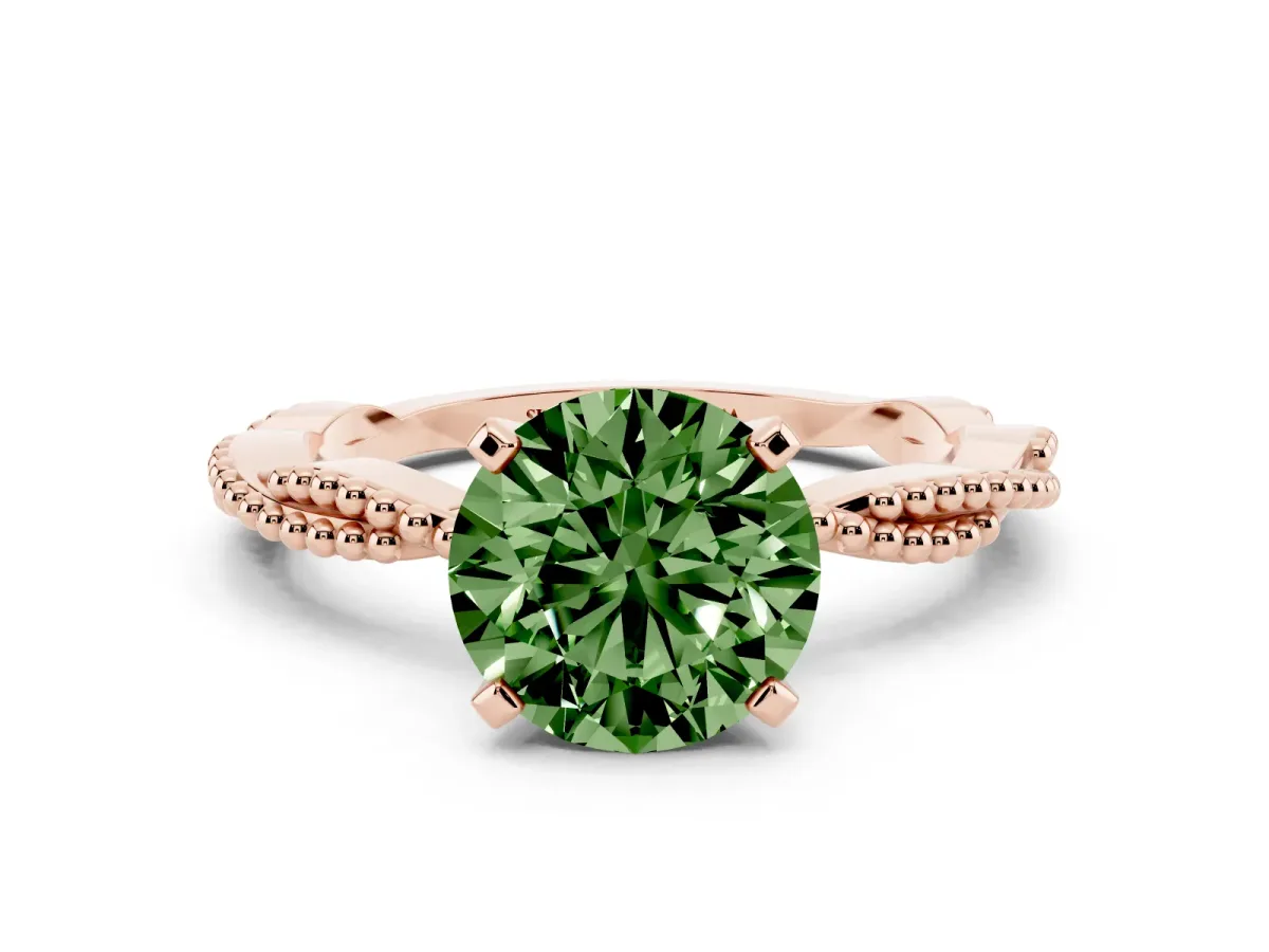 Fancy Green Round Cut Solitaire Twisted Band with Bead Prong Setting Rose gold