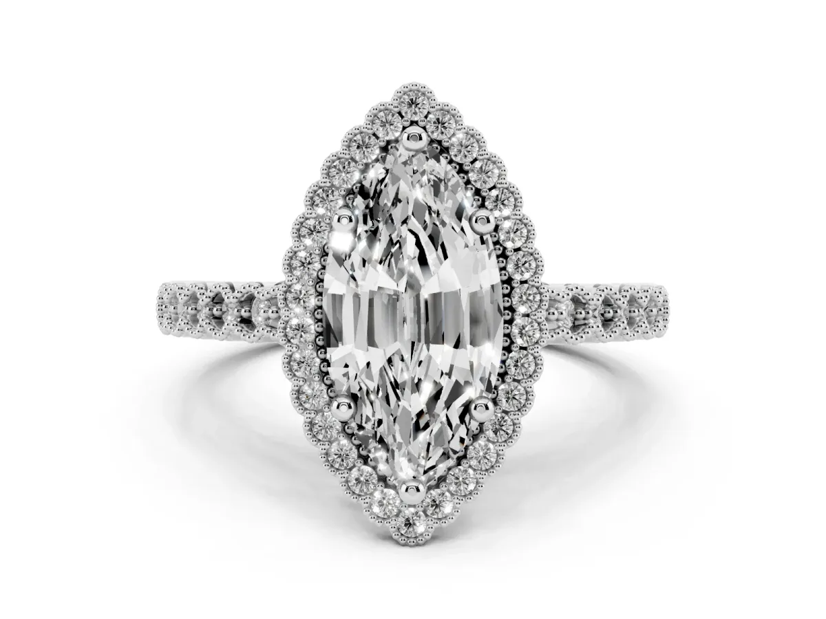 Marquise Cut Cut Halo Pavé Solitaire Ring with Milgrain Band White gold