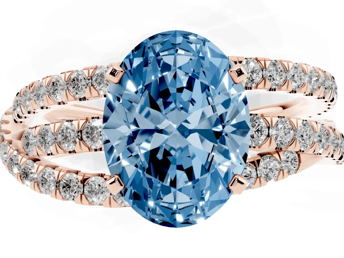 Fancy Blue Oval Cut Solitaire Twist Band with Pavé Setting and Four-Prong Setting Rose gold