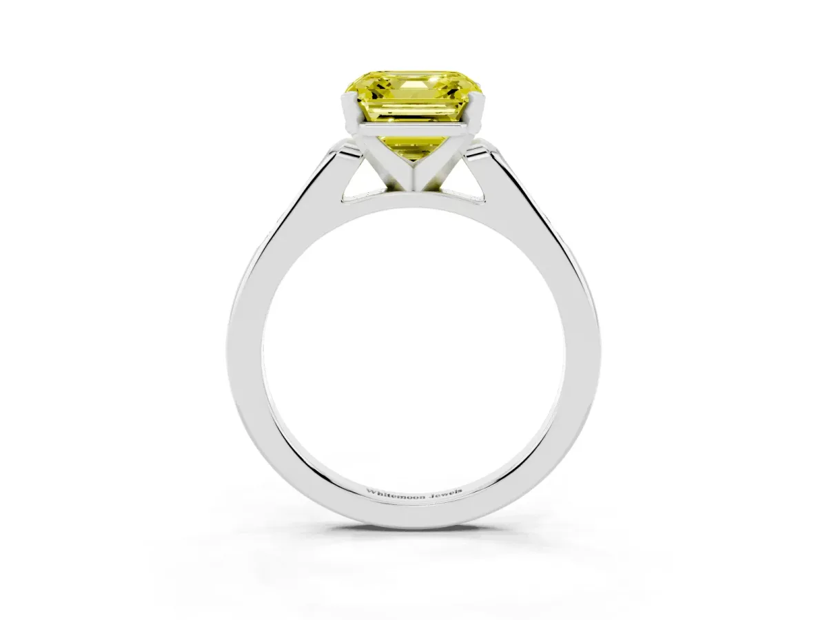 Fancy Yellow Asscher Cut Diamond Solitaire Ring with Channel Set Round Band and Prong Setting White gold