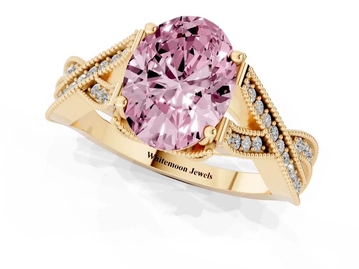 Fancy Pink Oval Cut Cut Diamond Twisted Band with Milgrain Pave Setting and Four-Prong Setting Yellow gold