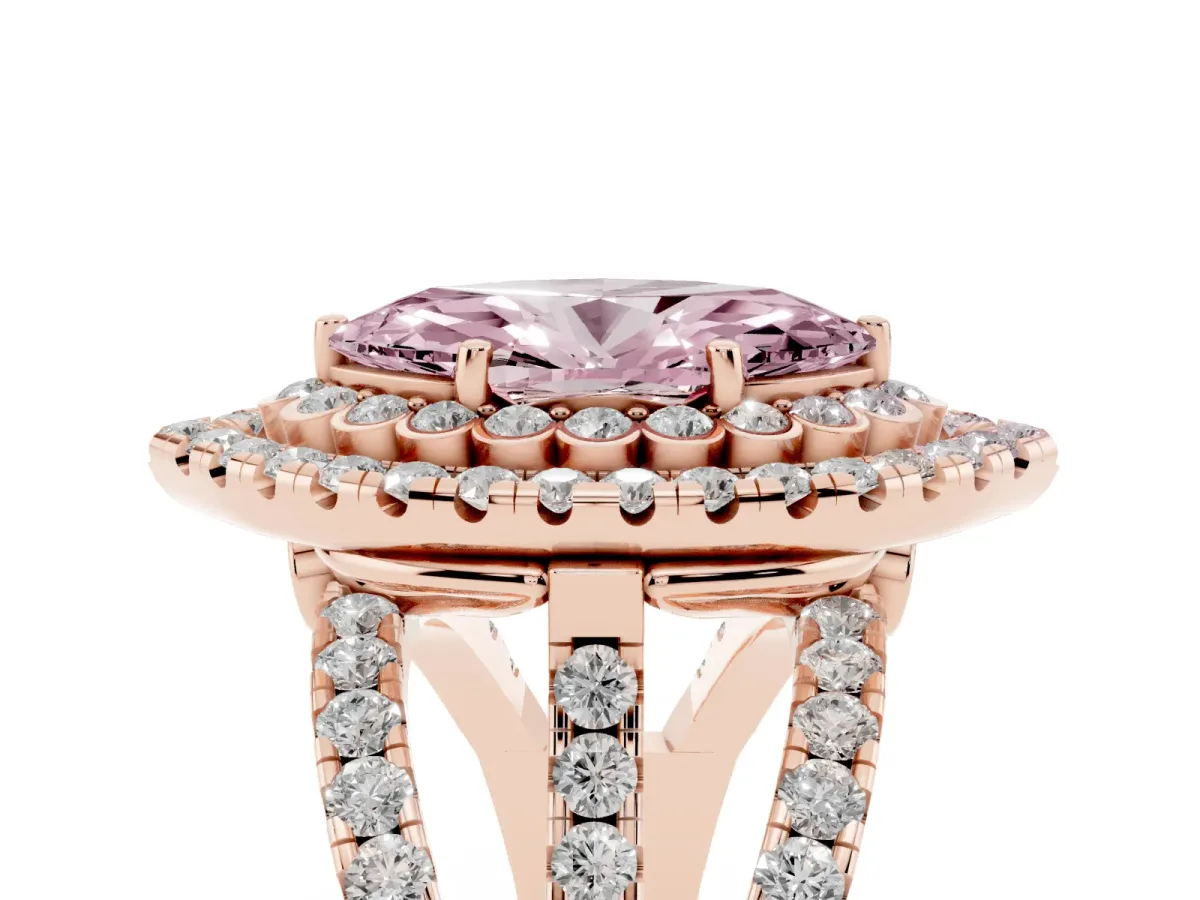 Fancy Pink Marquise Cut Diamond Double Halo Ring with Round Pavé Split Shank and Prong Setting Rose gold