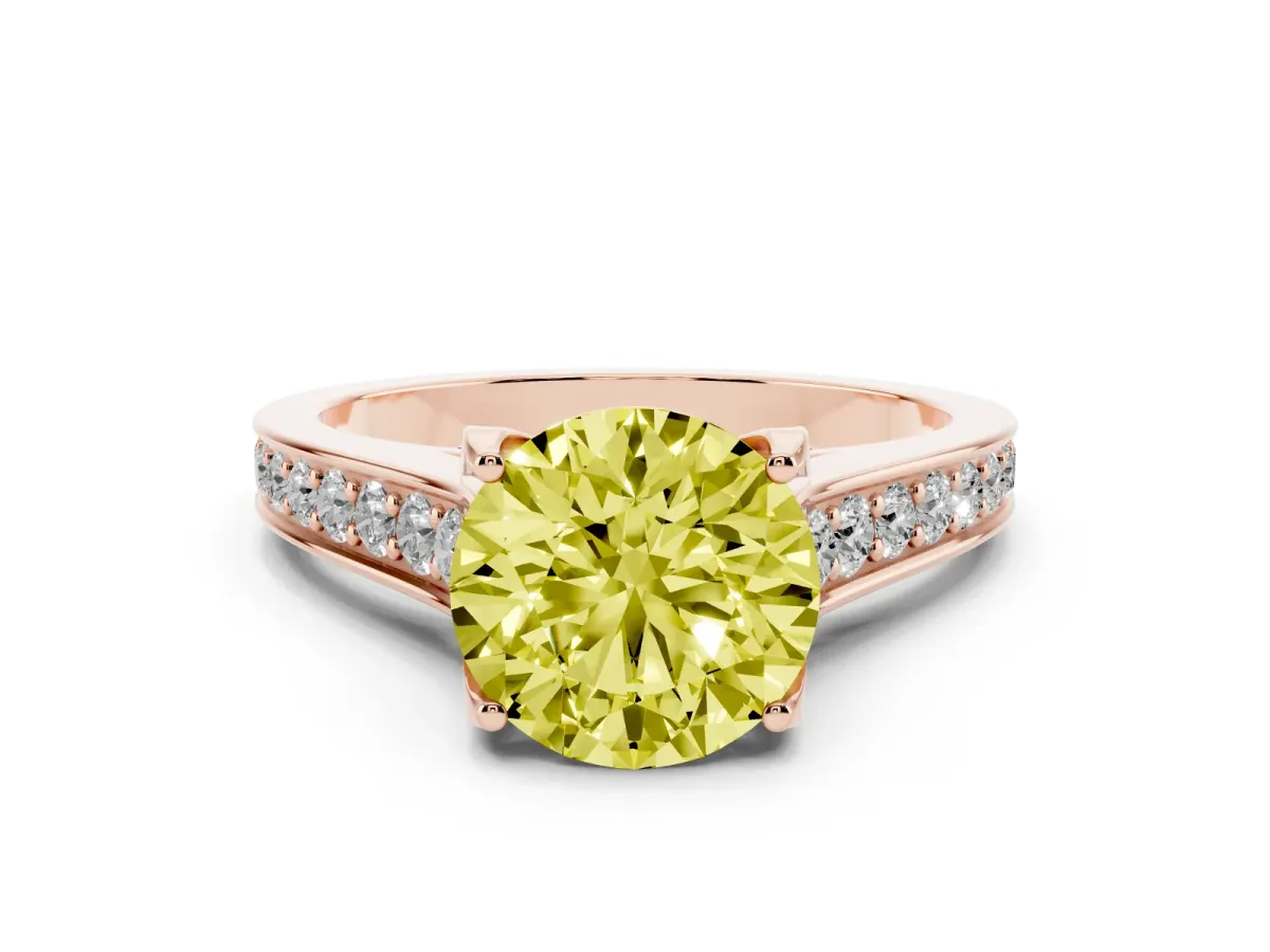 Fancy Yellow Round Cut Brilliant Cut Diamond Engagement Ring with Pavé Band and Four-Prong Setting Rose gold
