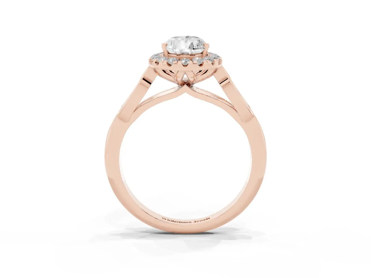 Pear Cut Halo Diamond Engagement Ring with Filigree Band and Four-Prong Setting Rose gold