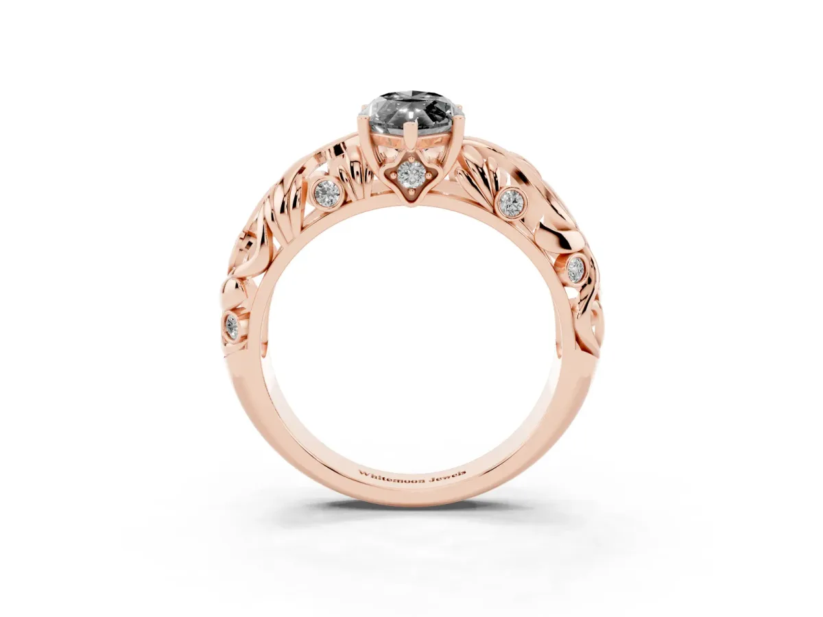 Fancy Black Marquise Cut Solitaire Diamond Leaf-Inspired Vine Band Ring with Prong Setting Rose gold