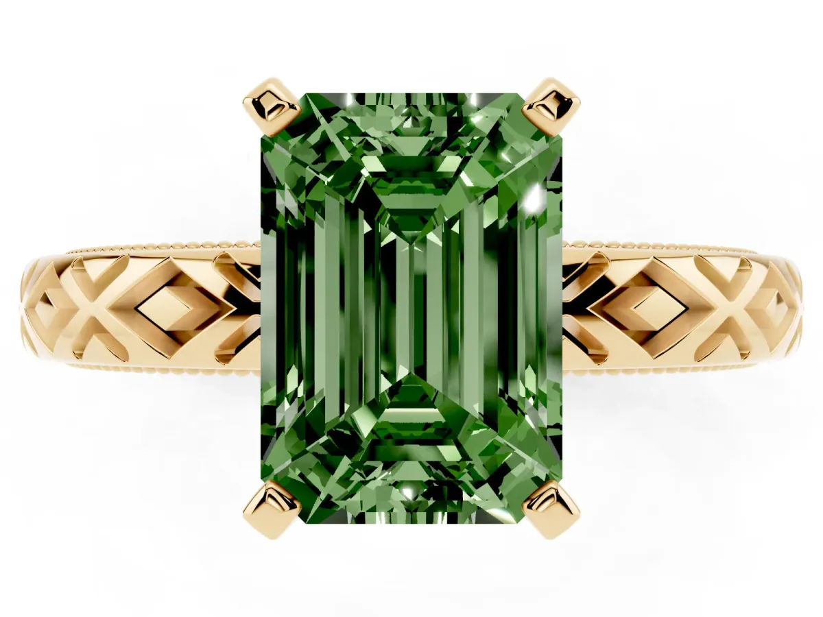 Fancy Green Emerald Cut Solitaire Diamond Ring with Milgrain and Black Enamel X Pattern Band Yellow gold