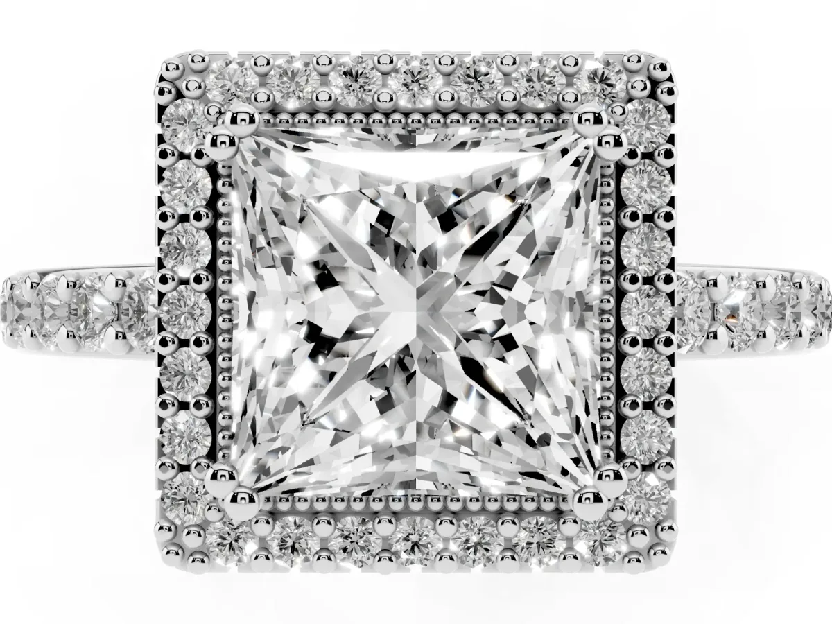 Princess Cut Cut Diamond Halo Engagement Ring with Milgrain Detail and Pavé Band Platinum