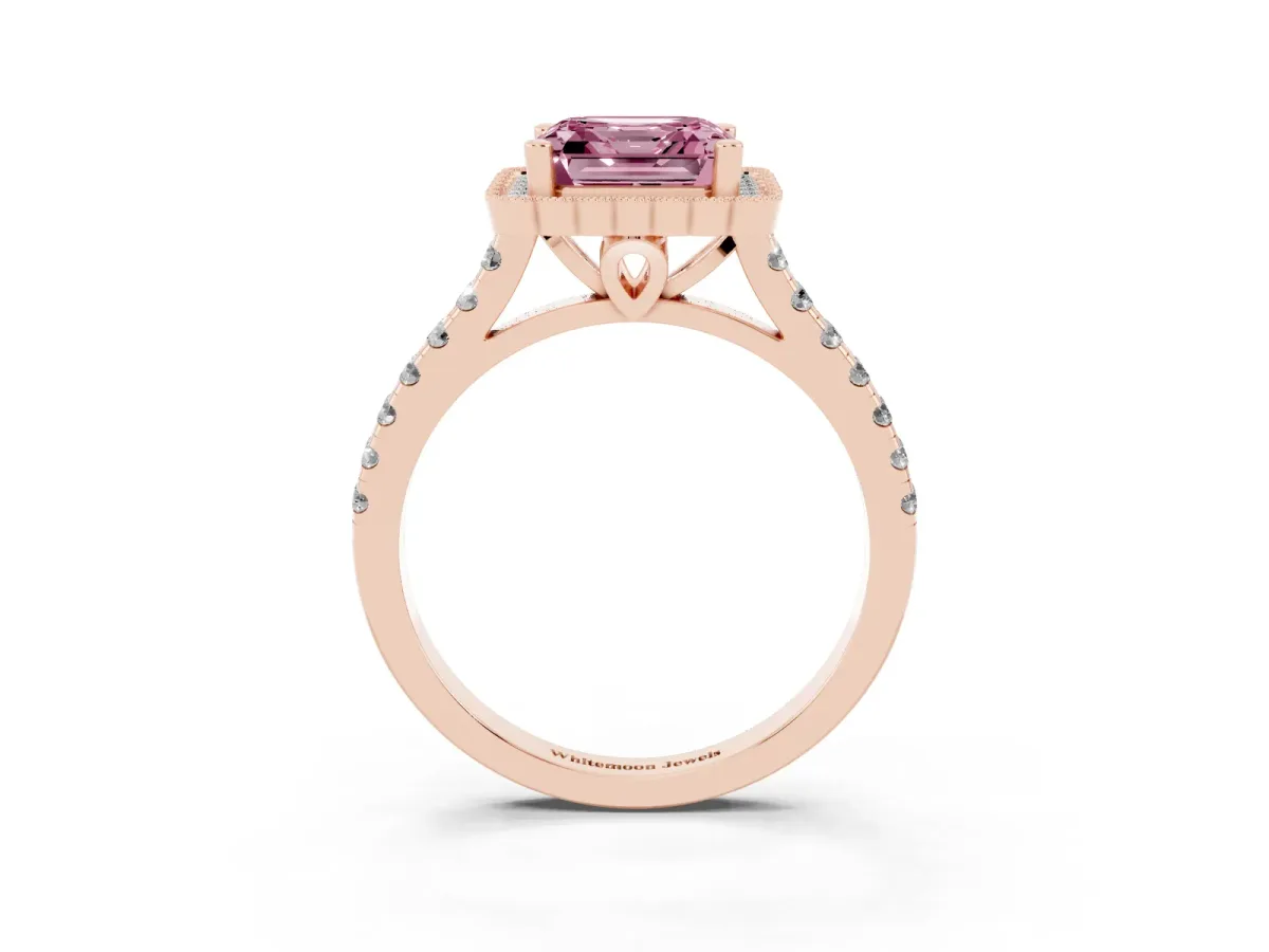 Fancy Pink Asscher Cut Cut Diamond Milgrain Floral Halo Engagement Ring with Pavé Band Rose gold