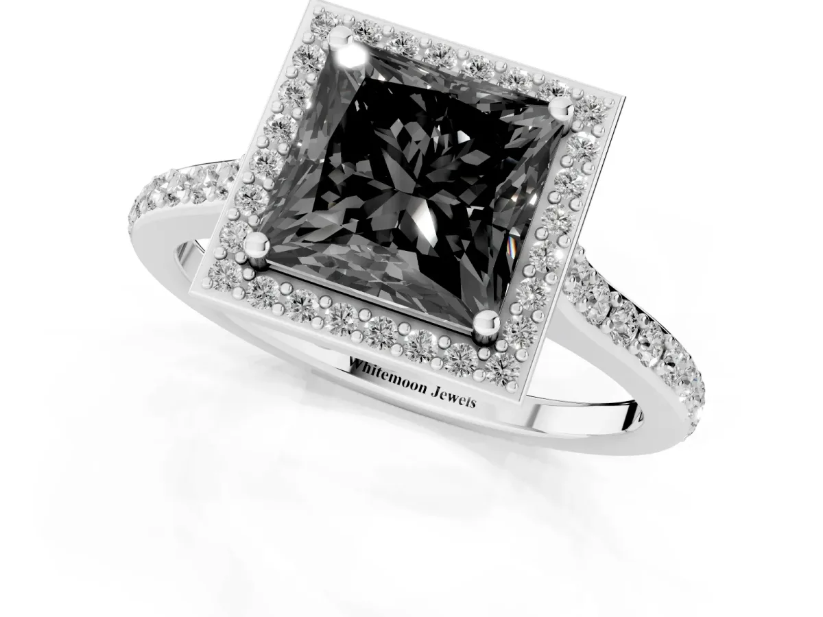 Fancy Black Princess Cut Diamond Halo Engagement Ring with Round Pavé Shoulders and Prong Setting White gold