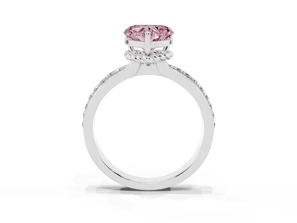 Fancy Pink Heart Cut Solitaire Diamond Ring with Channel Set Band and Six-Prong Setting Silver