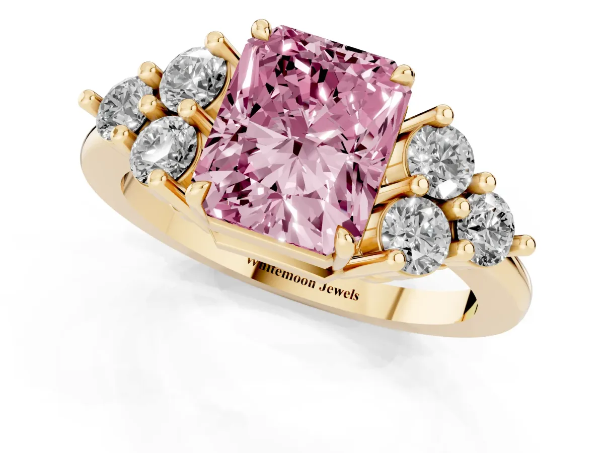 Fancy Pink Radiant Cut Brilliant Diamond Cluster Accent Solitaire Ring with Prong Setting Yellow gold