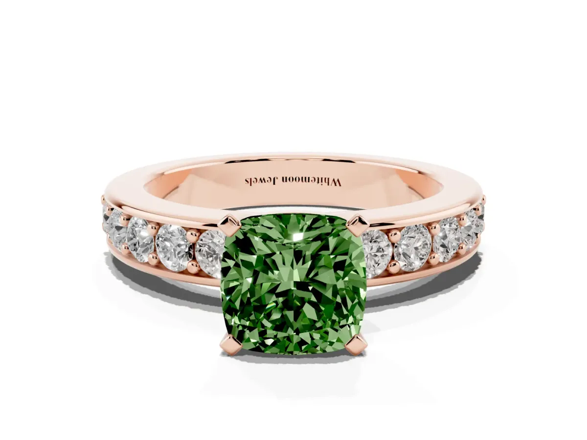 Fancy Green Cushion Cut Diamond Engagement Ring with Channel Set Round Band and Prong Setting Rose gold