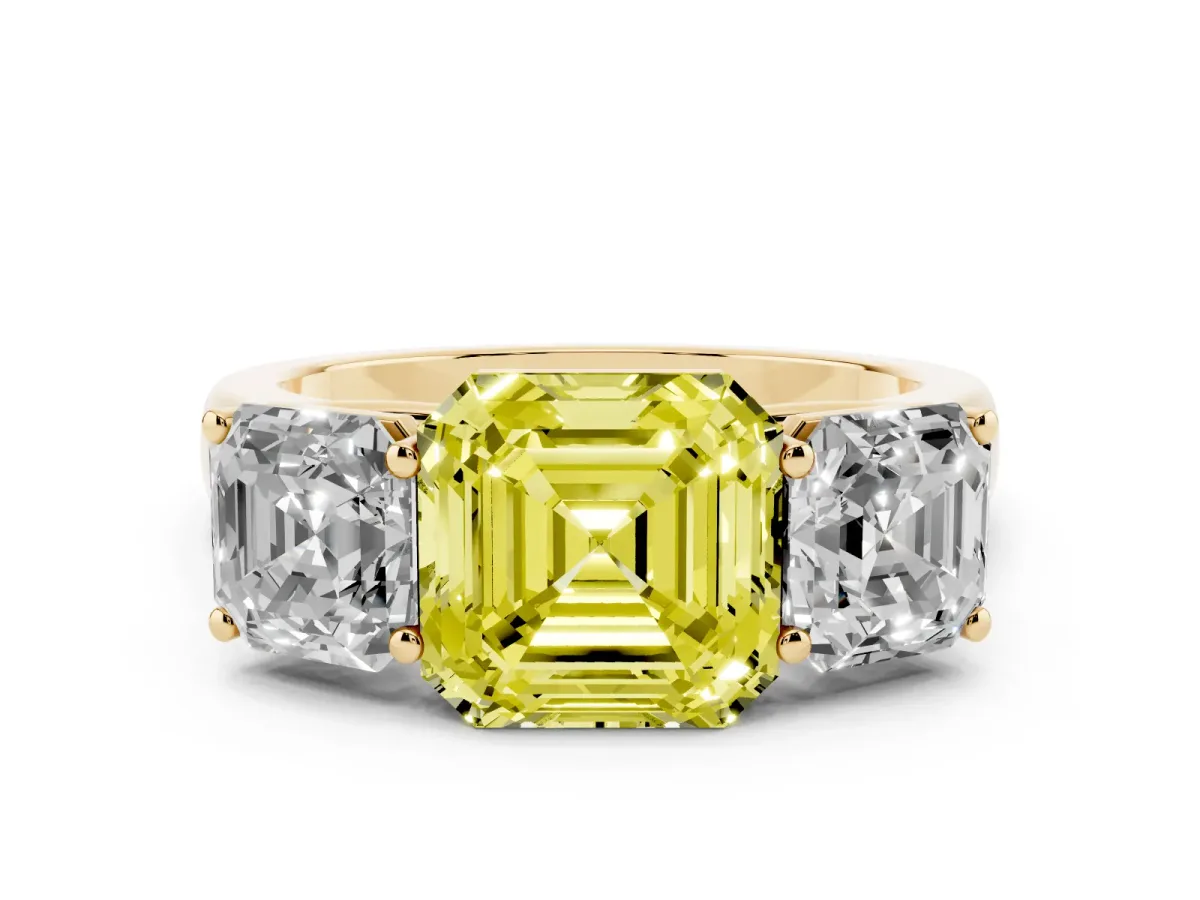 Fancy Yellow Asscher Cut Three-Stone Diamond Ring with Prong Setting on a Classic Band Yellow gold