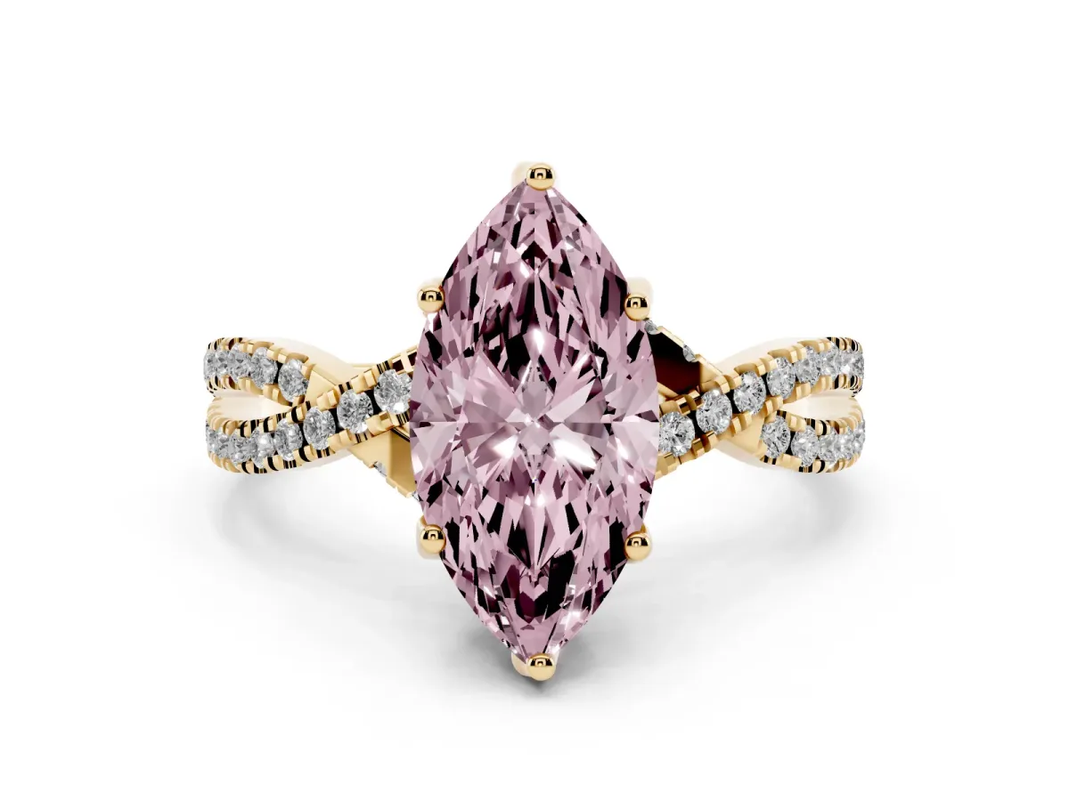 Fancy Pink Marquise Cut Solitaire Twist Pave Diamond Engagement Ring with Prong Setting Yellow gold