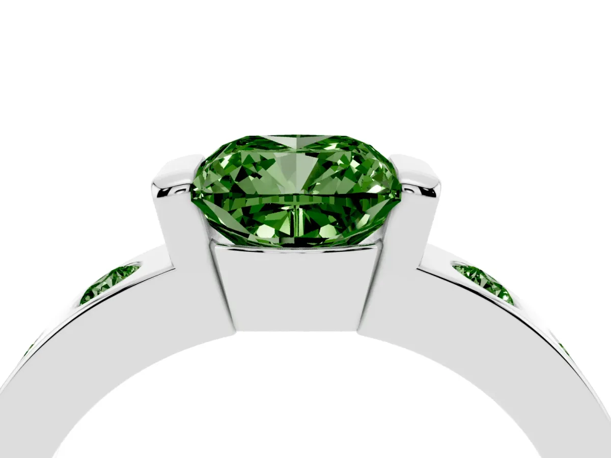 Fancy Green Cushion Cut Brilliant Channel-Set Diamond Ring with Bezel Prong Setting Silver