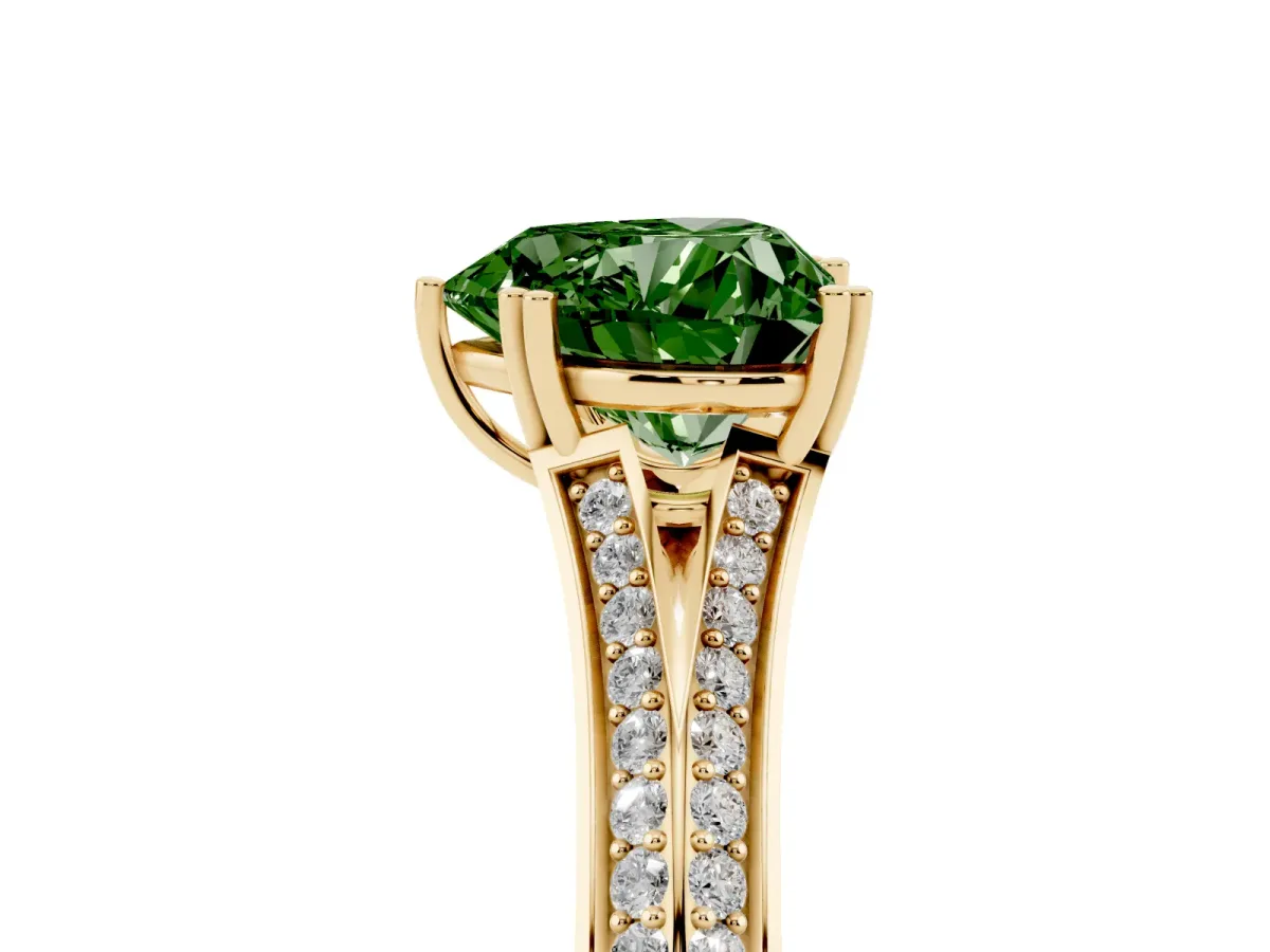 Fancy Green Heart Cut Diamond Split Shank Engagement Ring with Pavé Band Yellow gold
