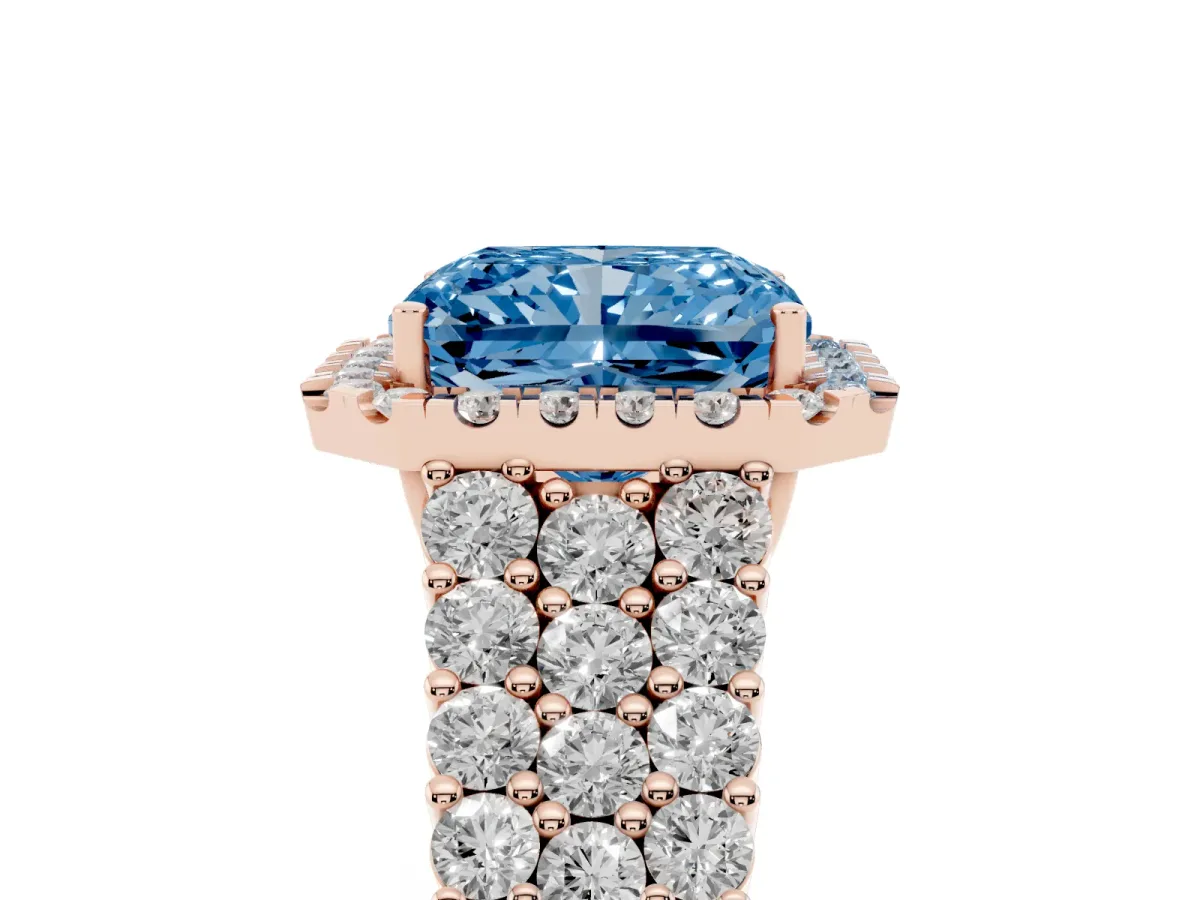 Fancy Blue Radiant Cut Diamond Halo Engagement Ring with Triple Row Round Pavé Band and Prong Setting Rose gold