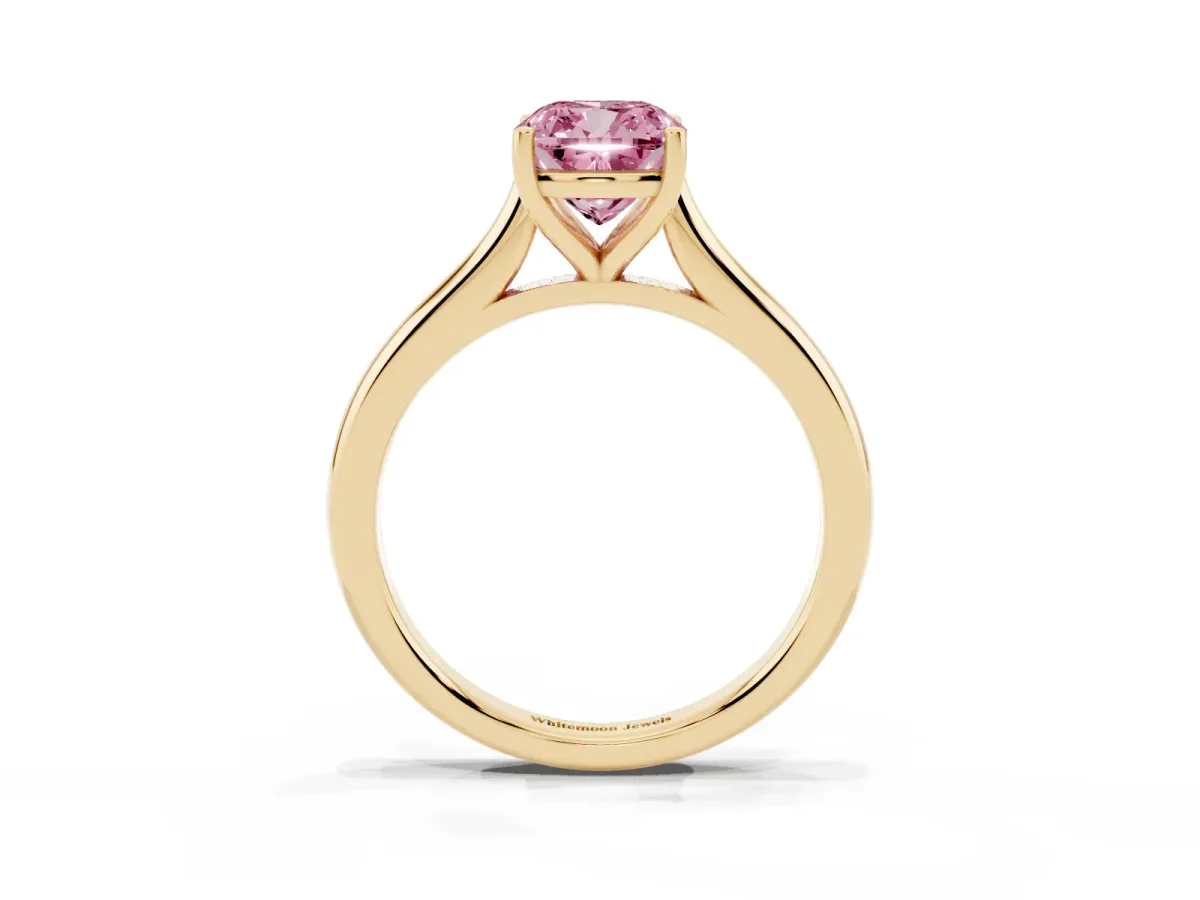 Fancy Pink Cushion Cut Cut Solitaire Ring with Cathedral Band and Four-Prong Setting Yellow gold