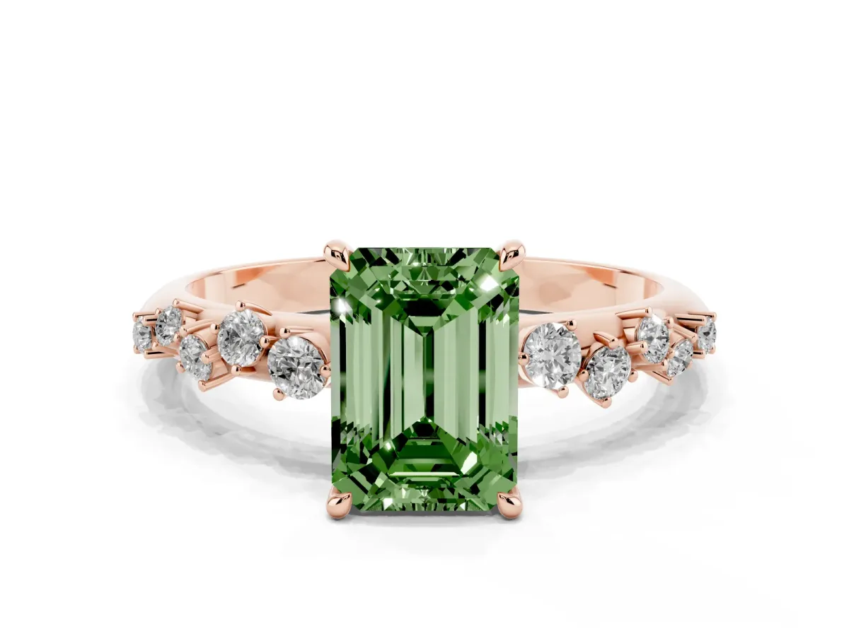 Fancy Green Emerald Cut Diamond Cluster Side Stone Solitaire Ring with Prong Setting Rose gold