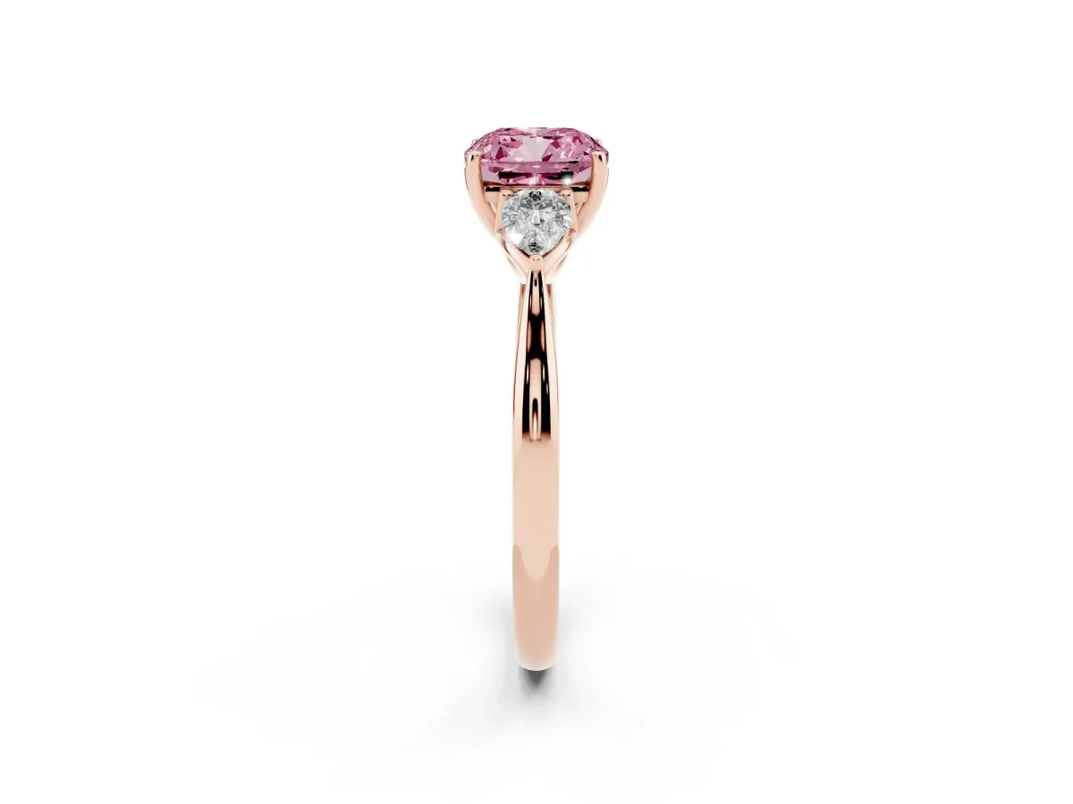 Fancy Pink Three-Stone Cushion Cut Brilliant Diamond Solitaire Ring with Tapered Band and Four-Prong Setting Rose gold