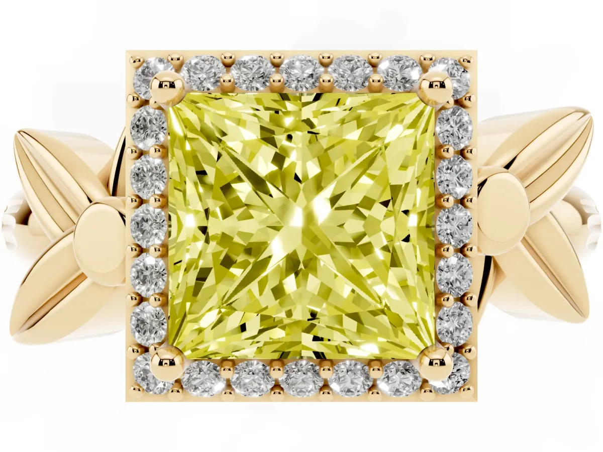 Fancy Yellow Princess Cut Halo Diamond Floral Band with Four-Prong Setting Yellow gold