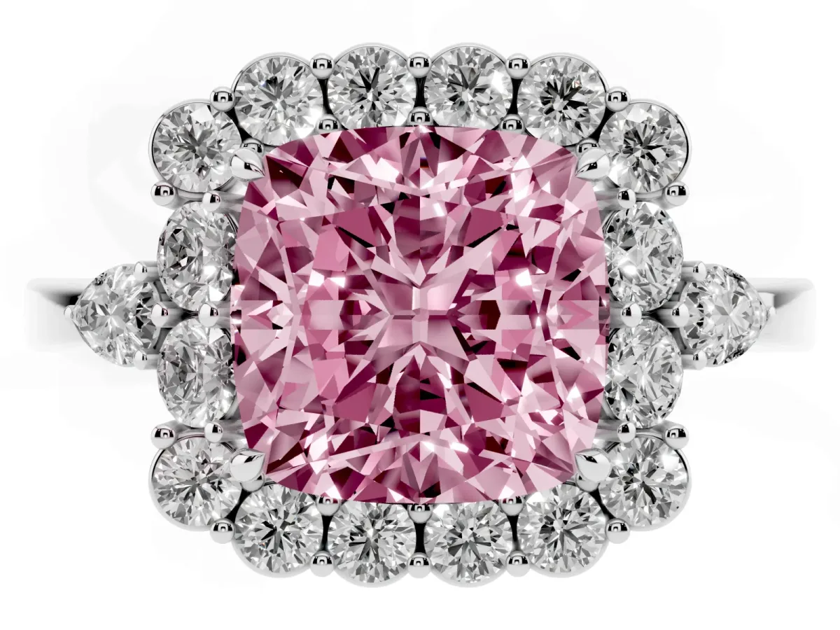 Fancy Pink Cushion Cut Diamond Halo Ring with Pear Side Stones and Prong Setting Silver