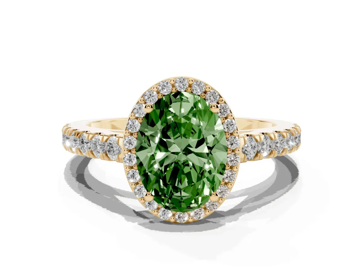 Fancy Green Oval Cut Cut Halo Diamond Engagement Ring with Pave Band and Four-Prong Setting Yellow gold