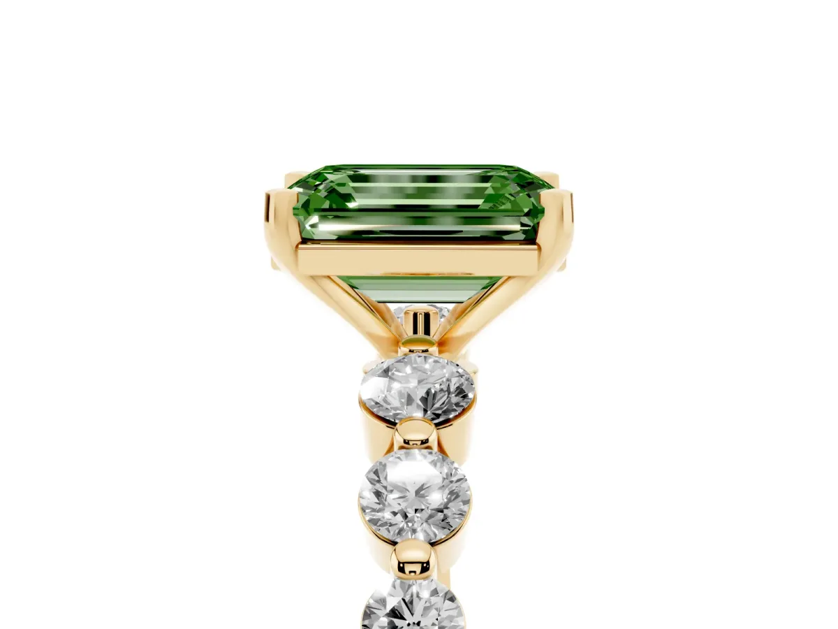 Fancy Green Emerald Cut Solitaire Diamond Ring with Pave Band and Four-Prong Setting Yellow gold
