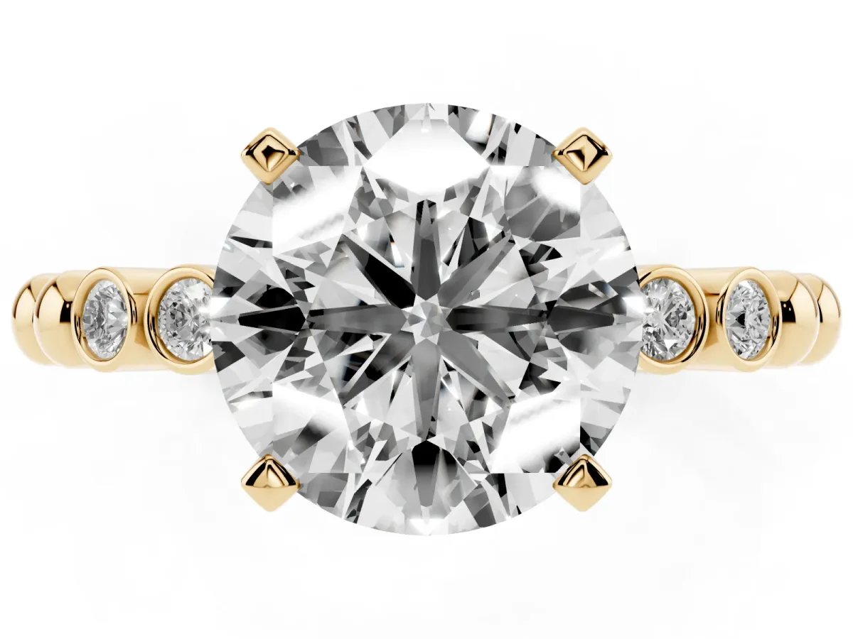 Round Cut Solitaire Bezel Accent Diamond Engagement Ring with Beaded Band and Four-Prong Setting Yellow gold