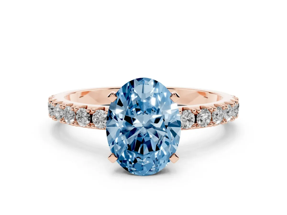 Fancy Blue Oval Cut Diamond Solitaire Pavé Band with Four-Prong Setting Rose gold