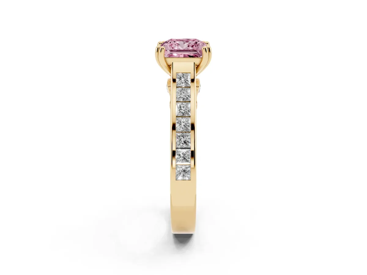 Fancy Pink Princess Cut Cut Channel Set Solitaire Engagement Ring with Prong Setting Yellow gold