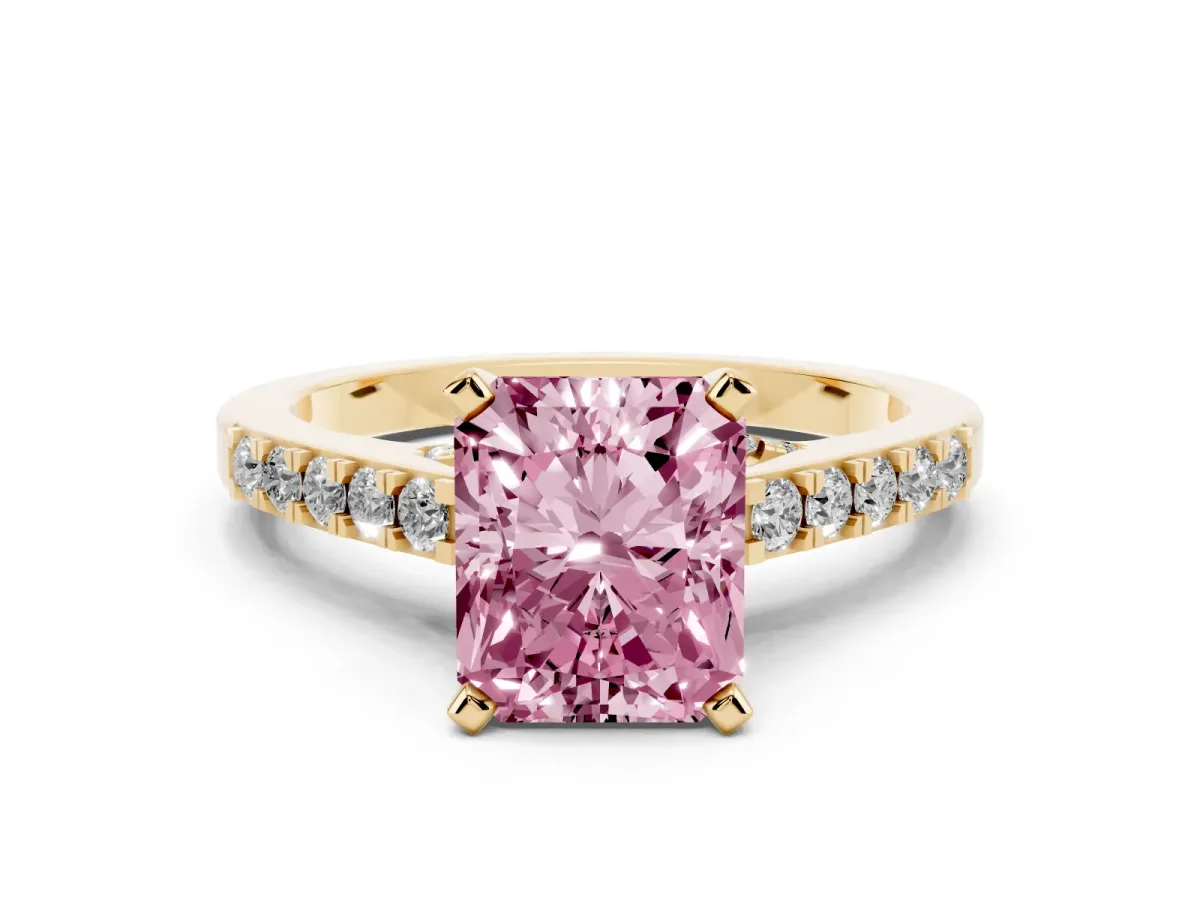 Fancy Pink Radiant Cut Diamond Solitaire Ring with Crossover Gallery and Round Pavé Band Yellow gold
