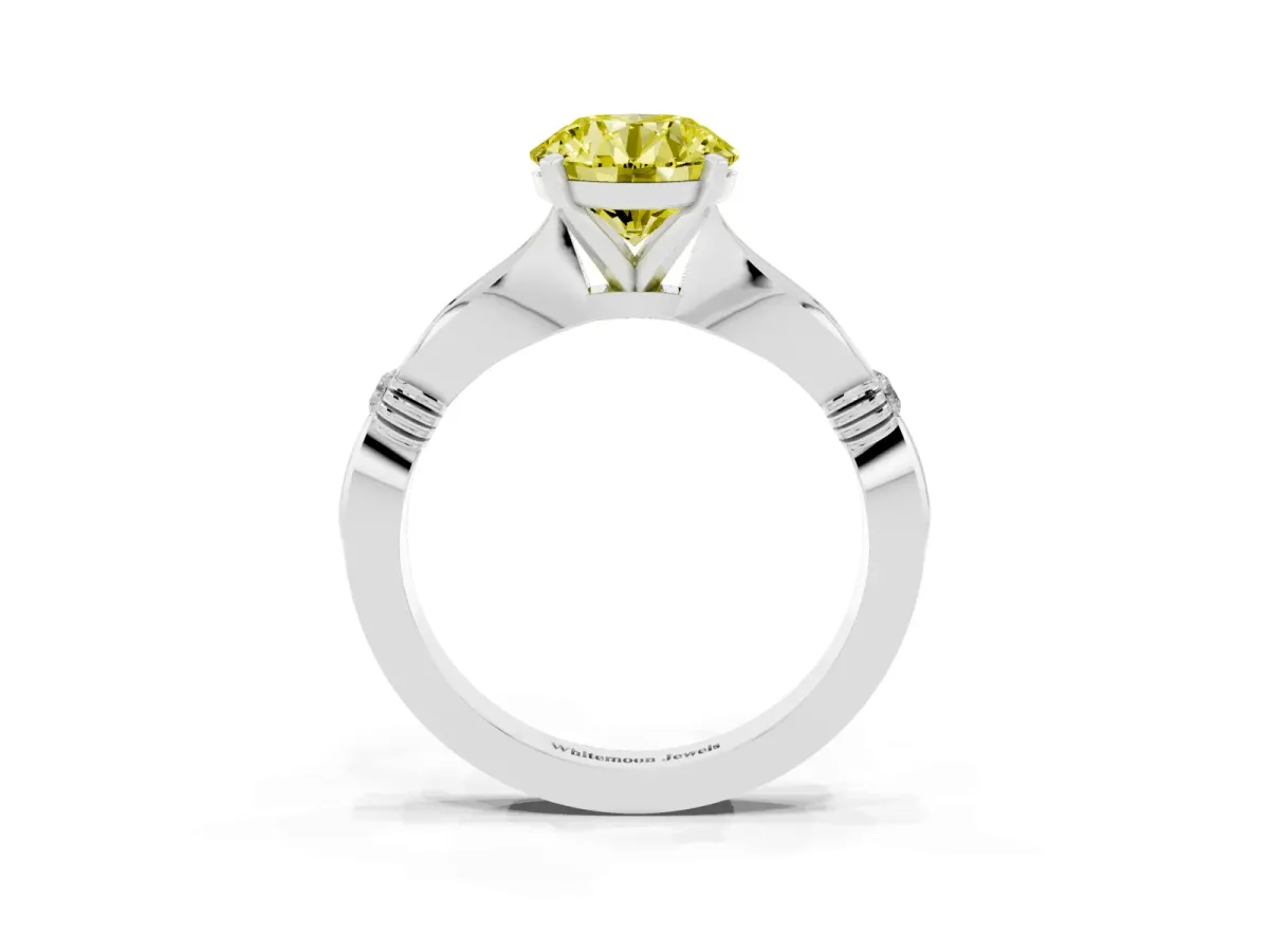 Fancy Yellow Round Cut Solitaire Diamond Twisted Band with Four-Prong Setting Platinum