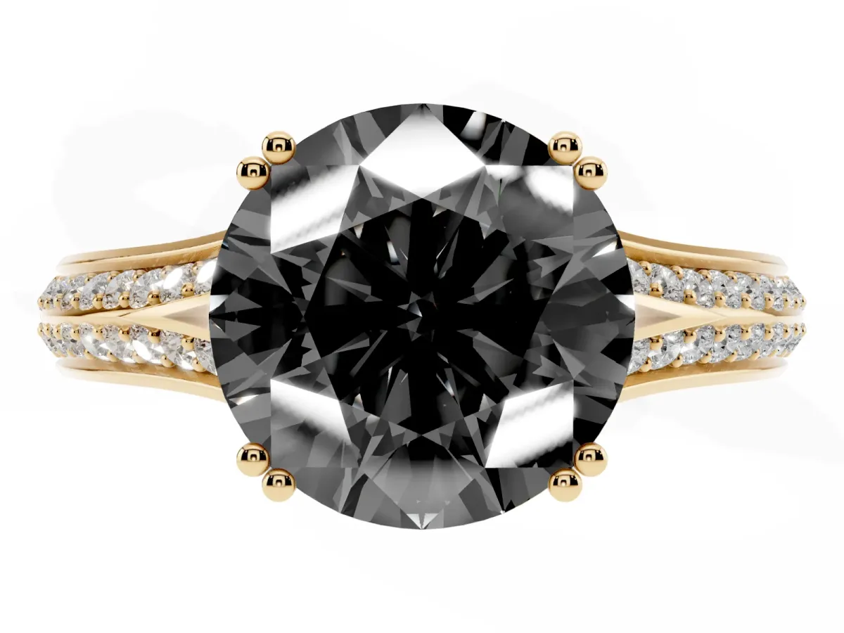 Fancy Black Round Cut Diamond Split Shank Engagement Ring with Pavé Band Yellow gold