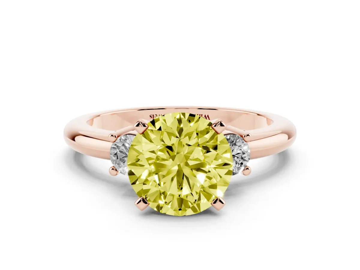 Fancy Yellow Three-Stone Round Cut Cut Diamond Solitaire with Prong Setting and Classic Band Rose gold