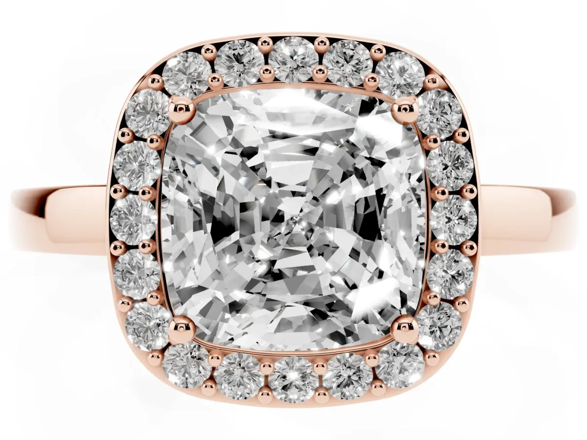 Cushion Cut Halo Diamond Ring with Solitaire Band and Prong Setting Rose gold