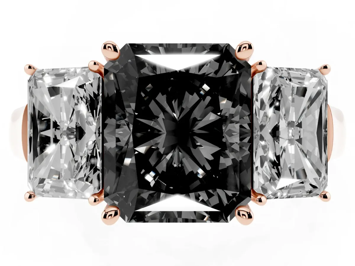 Fancy Black Three-Stone Radiant Cut Brilliant Diamond Trellis Ring with Comfort Fit Band Rose gold