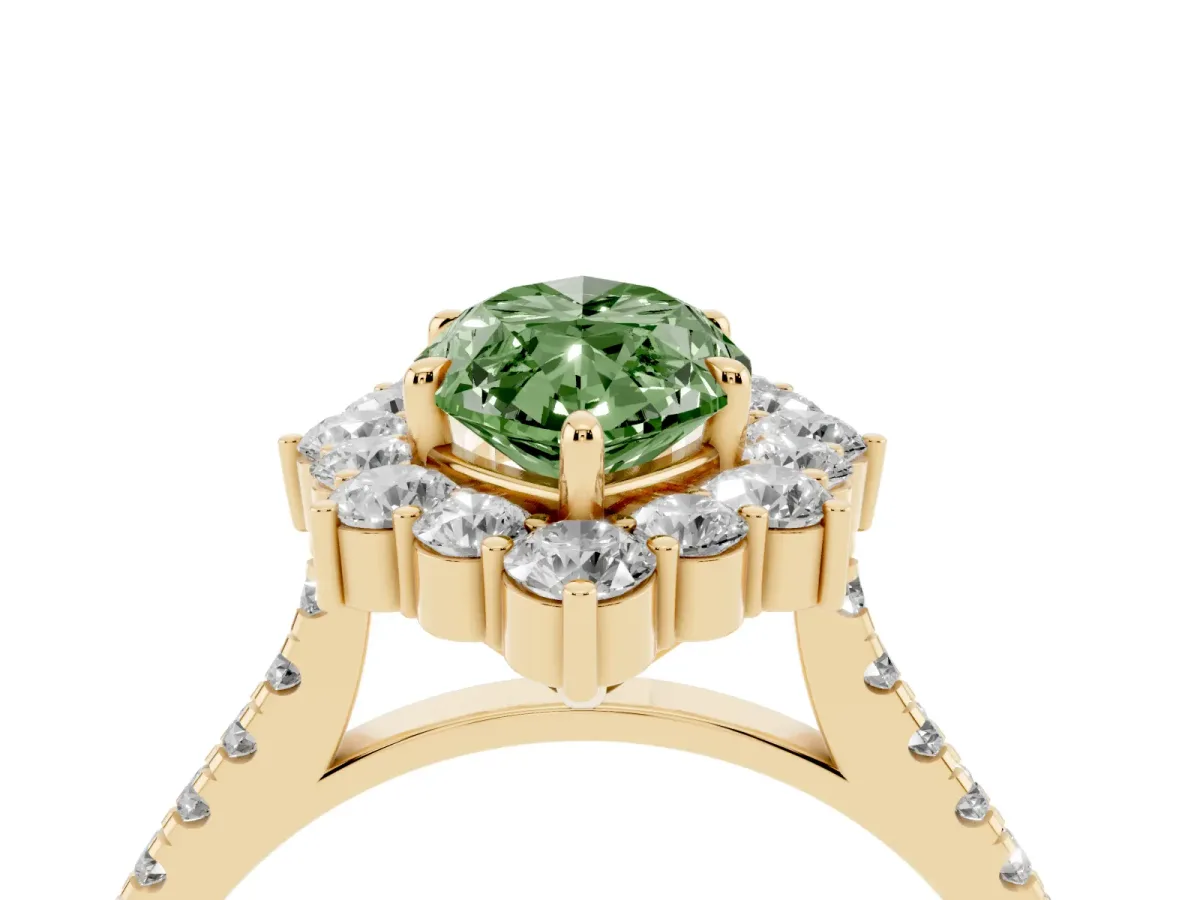 Fancy Green Marquise Cut Halo Diamond Ring with Pavé Band and Prong Setting Yellow gold