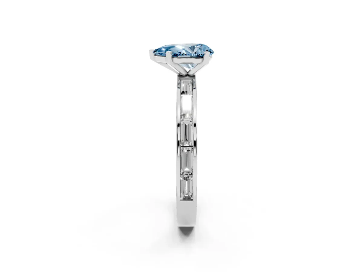 Fancy Blue Pear Cut Solitaire Diamond Ring with Channel-Set Baguette Band and Four-Prong Setting White gold