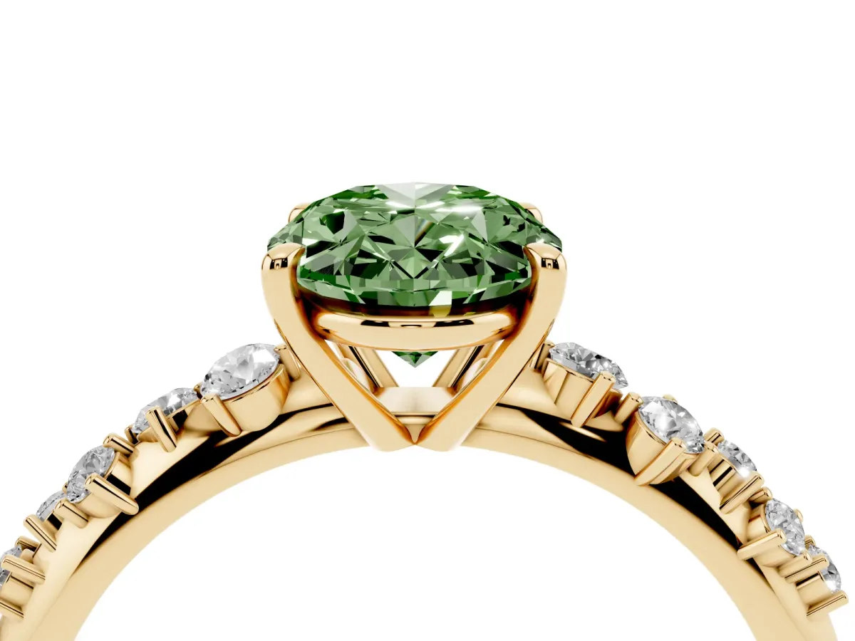 Fancy Green Oval Cut Diamond Cluster Side Stone Solitaire Ring with Prong Setting Yellow gold