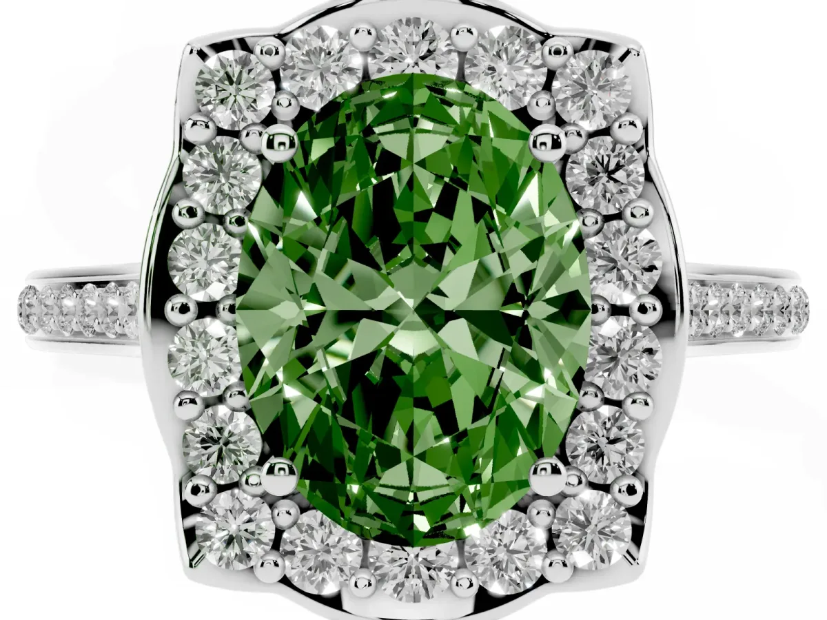 Fancy Green Oval Cut Halo Round Diamond Pave Band with Four-Prong Setting Platinum