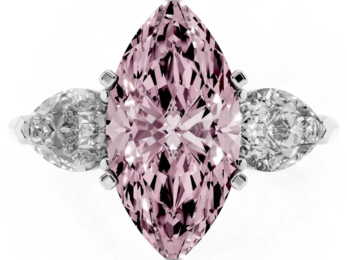 Fancy Pink Three-Stone Marquise Cut Diamond Ring with Pear Side Stones and Four-Prong Setting Silver